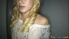 He gives the blonde a blowjob in the bedroom then fucks her and lets go on her back