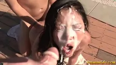 Play Kaiya Lynn's Tight Pussy in an Extreme Outdoor Blowbang with Hardcore Cumshots and Facial